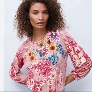 Johnny Was HOUSE ON THE HILL PUFF SLEEVE TOP SMALL Shirt Blouse Pink